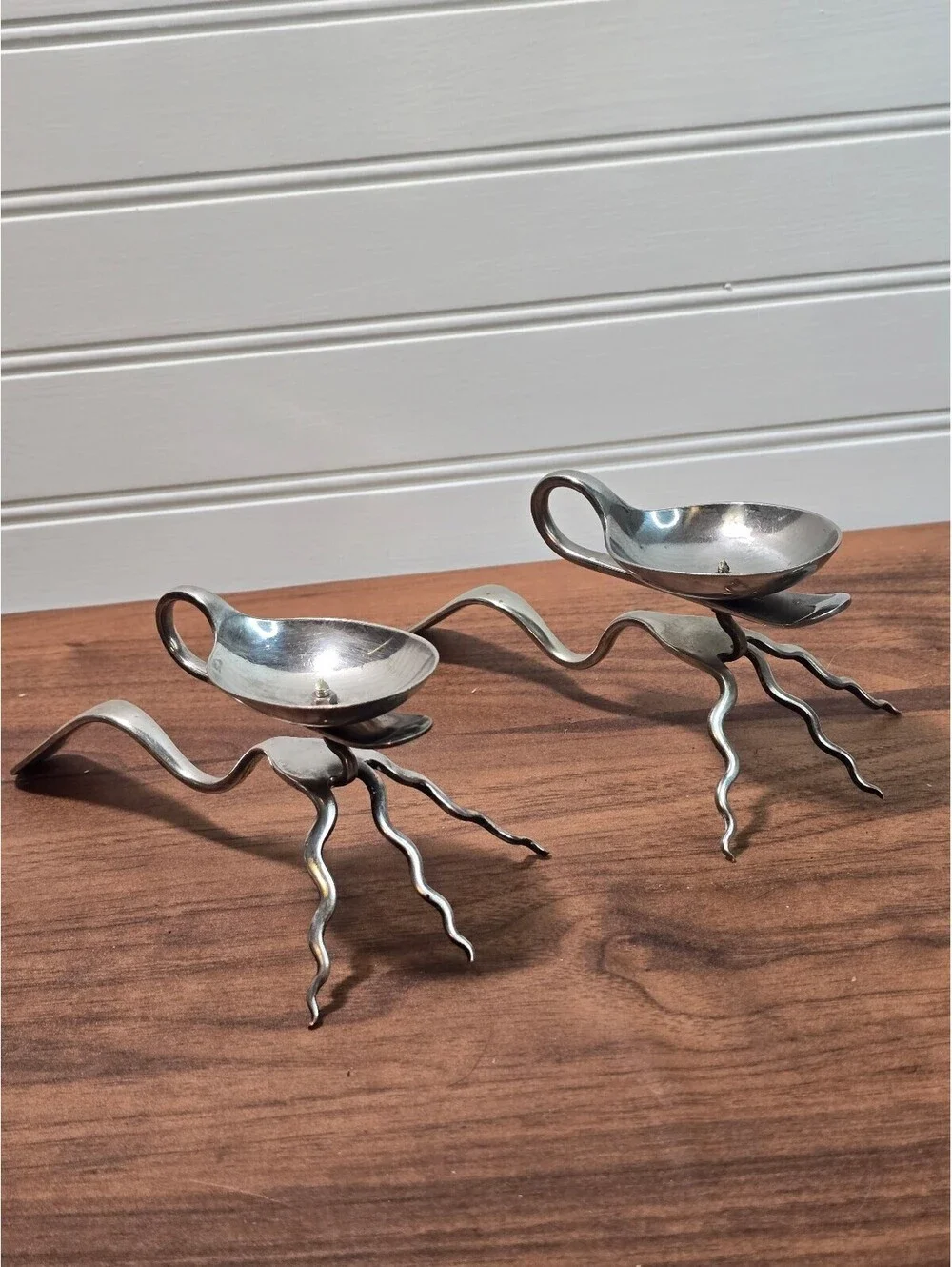 Vintage Spoon Art Candelabra Set Repurposed Silverware Candle Holders Pair